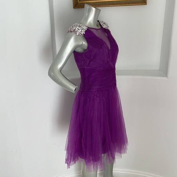 KATHY HILTON Raspberry Fit & Flare Mesh Dress Beads Embellished Shoulder Size 10 - Picture 4 of 14